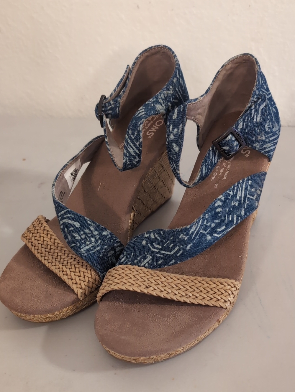 TOMS Blue Patterned Wedge Sandals with Braided Detail New Without Tags